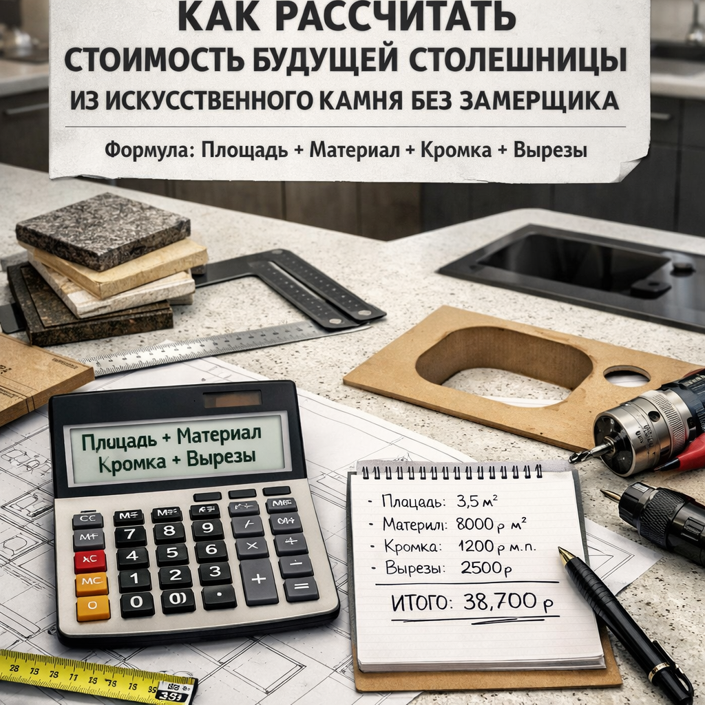 Как рассчитать стоимость будущей столешницы из искусственного камня без замерщика: формула + шаблон